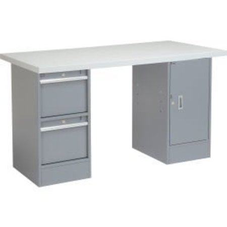 GLOBAL EQUIPMENT 72 x 30 Pedestal Workbench 2 Drawers and Cabinet, Laminate Safety Edge Gray 319046